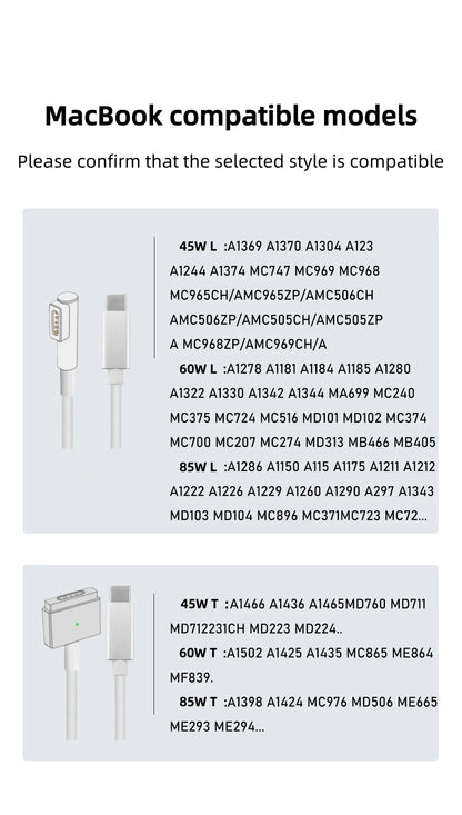 Magnetic Safe Charging Cable for MacBook, USB-C to MagSafe 1/2 Braided Cable Compatible with MacBook Air Pro 45W 60W 85W Adapter