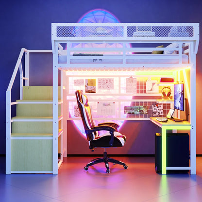 90×200cm & 140*200cm Metal High Bed, with Desk, Shelf and Storage Net, Complete with Safety Ladder, LED Lighting and Socket