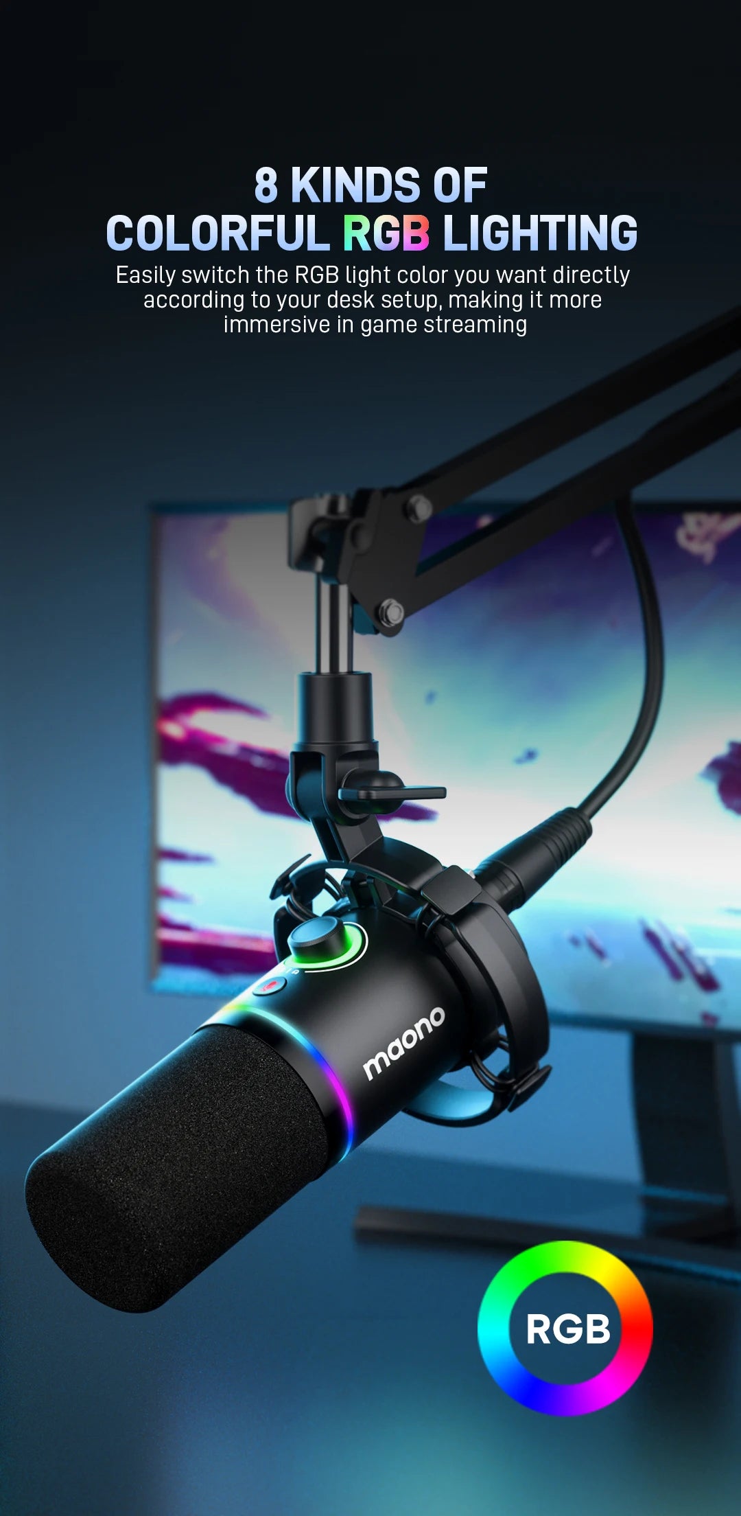 MAONO PD200XS USB/XLR Dynamic Microphone with Shock Mount Boom Arm Stand Maonolink Gain Knob RGB Light for PC Gaming Recording