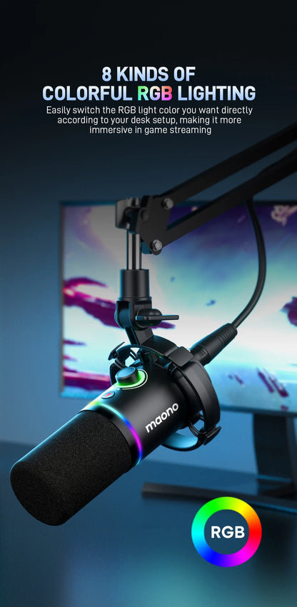 MAONO PD200XS USB/XLR Dynamic Microphone with Shock Mount Boom Arm Stand Maonolink Gain Knob RGB Light for PC Gaming Recording