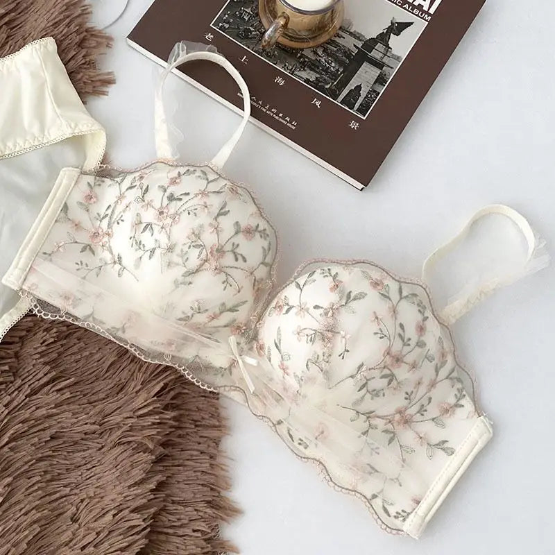 Lace Floral Embroidery Sexy Bra Comfortable Adjustable Women Underwear 3/4 Cup Wireless Girl Brassiere Bralette