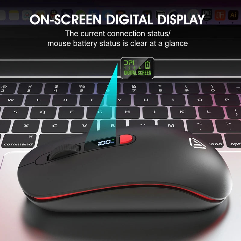 Trådlös Mus Bluetooth + 2,4G S201B – Smart Batteri-display Tyst Klick 3200 DPI USB-C Laddning Laptop PC 2026
