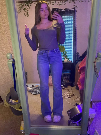 Hot Sale Women Stretch Thin Flared Jeans Lady Fashion High Waist Denim Pants Girls Korean Ins Fashion Straight Leg Trousers