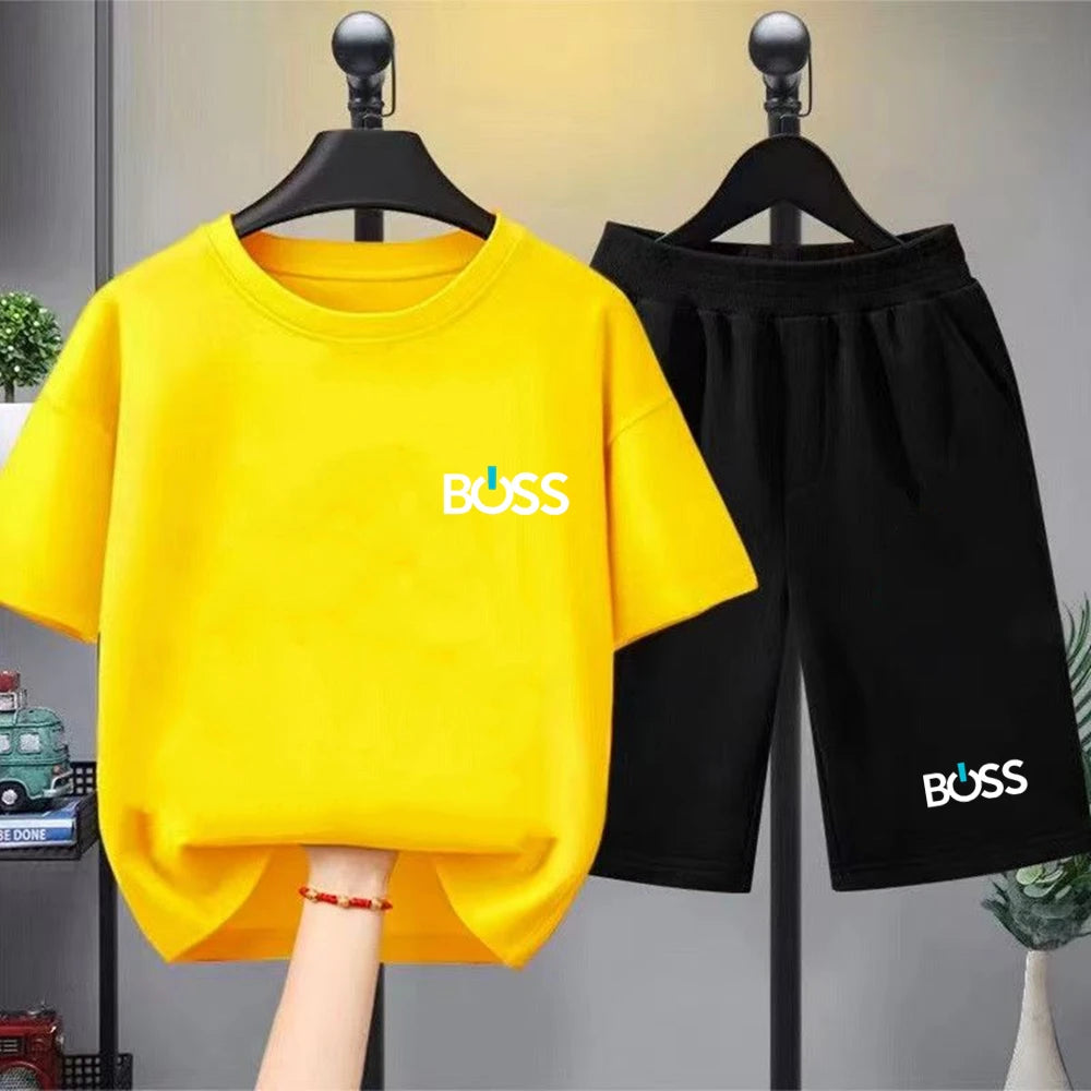 Child T-shirt Summer Short Sleeve Print Children Age 3-12 Girls boy Set white black Tshirt+Shorts 2pcs leisure fashion Kids Set