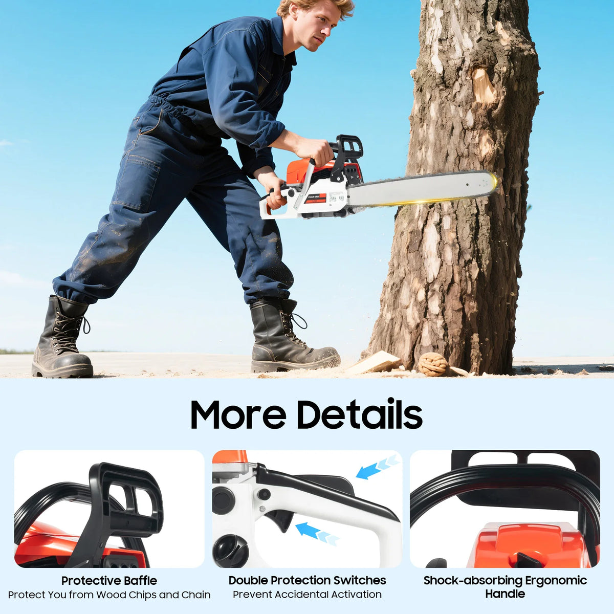 52cc 2.0kW 2-Stroke Gasoline Chainsaw, 20in/51cm Guide Bar for Wood Cutting Petrol Chain Saw, with Tool Bag Mixing Bottle & Bar Cover Model 5200 Gas Saw
