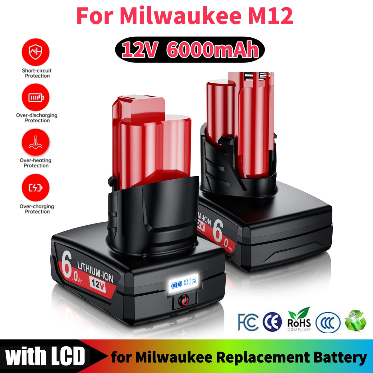 Milwaukee M12 Batteri 12V 6.0Ah Uppladdningsbart med LCD-skärm