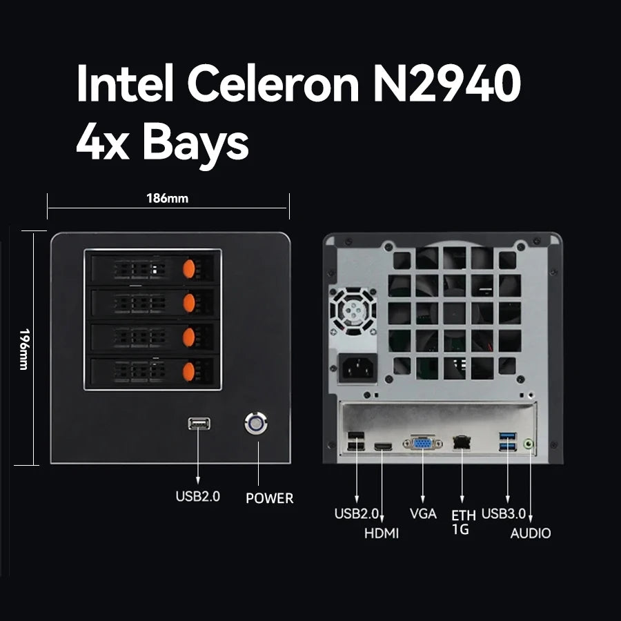 XCY X108 NAS Mini PC 4-fack 2,5"/3,5" SATA – Intel N150 / Celeron N2940, Windows 10/11 Linux NAS, DDR5/DDR3L