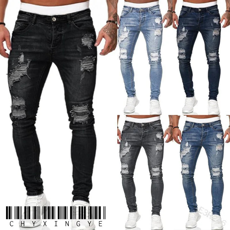 new White Embroidery Jeans Men Cotton Stretchy Ripped Skinny Jeans High Quality Hip Hop Black Hole Slim Fit Oversize Denim Pants