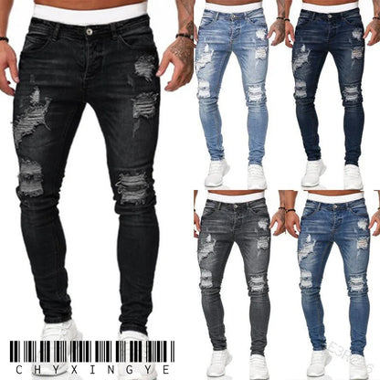new White Embroidery Jeans Men Cotton Stretchy Ripped Skinny Jeans High Quality Hip Hop Black Hole Slim Fit Oversize Denim Pants