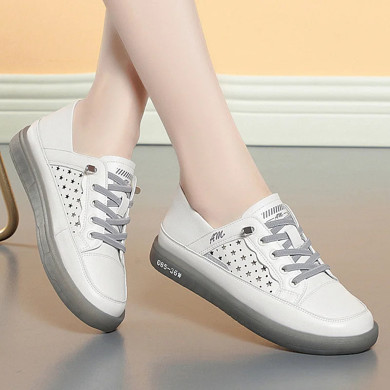 Dam sneakers i mjukt läder med snörning – Andningsbara, vulkaniserad, låg klack, sommar, storlek 35–40, 3 färger
