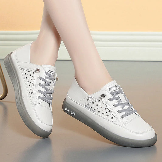 Dam sneakers i mjukt läder med snörning – Andningsbara, vulkaniserad, låg klack, sommar, storlek 35–40, 3 färger