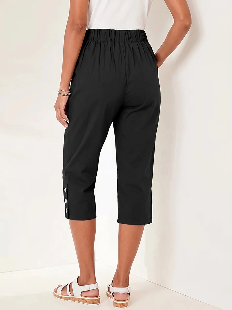 Women's High Waisted Capri Trousers Summer Stretch Cropped Pants with Pocket and Button Details Navy Blue Casual Comfort