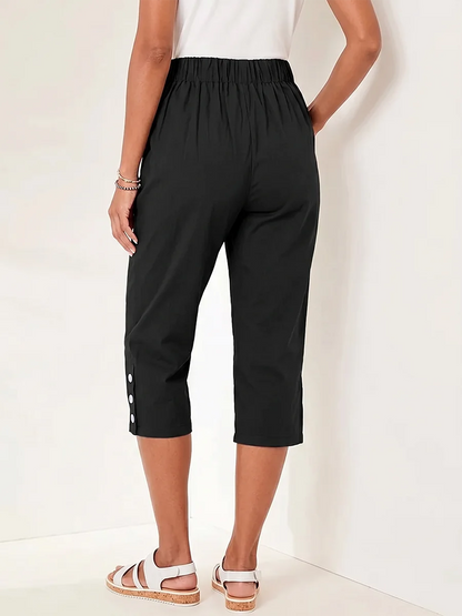 Women's High Waisted Capri Trousers Summer Stretch Cropped Pants with Pocket and Button Details Navy Blue Casual Comfort