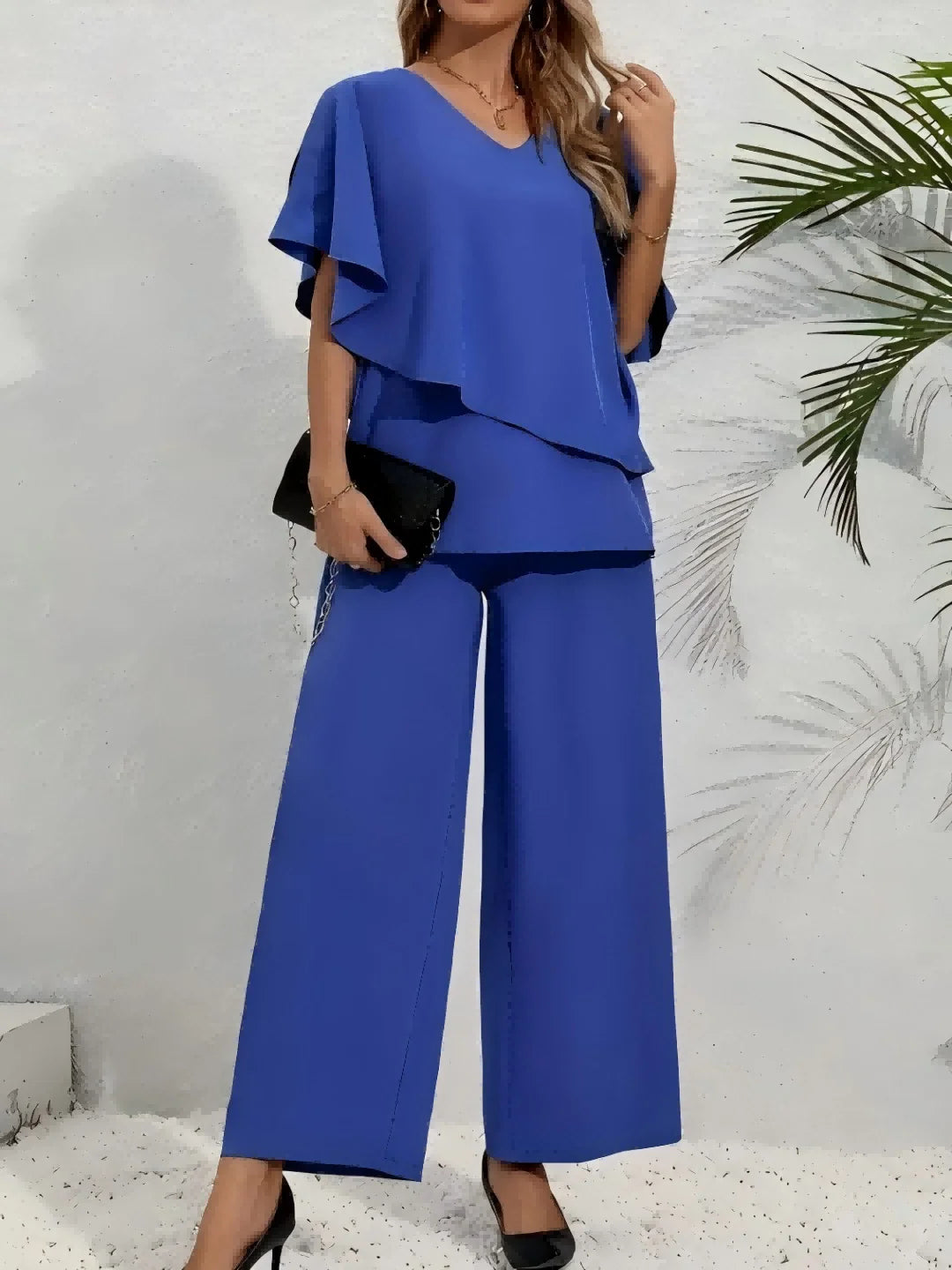Plus Size Women's Multi-Color Ruffle Sleeve V-Neck Top + Wide Leg Pants 2-Piece Set - Elegant Casual Party Style (0XL-4XL)