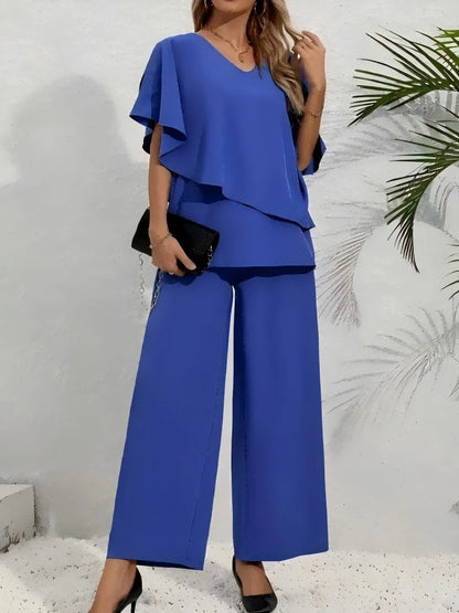 Plus Size Women's Multi-Color Ruffle Sleeve V-Neck Top + Wide Leg Pants 2-Piece Set - Elegant Casual Party Style (0XL-4XL)