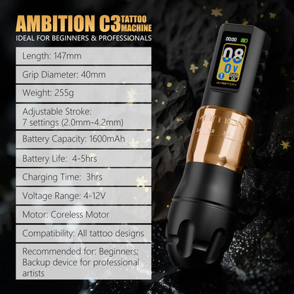 Ambition C3 Professional Wireless Tattoo Machine Pen 7 Adjustable Stroke 2.0-4.2mm Coreless Motor Body Makeup For Tattoo Artists