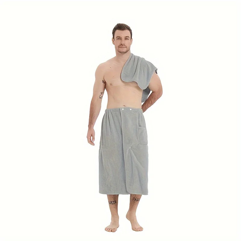 2 Counts Microfiber Men's Bath Wrap Set - Quick-Dry Towel & Spa Half Robe for Home, Hotel, Beach & Swimming - Soft