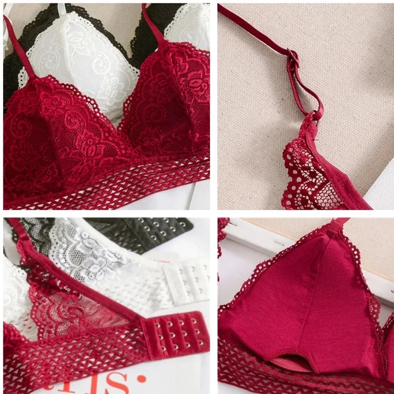 Women Sexy Lace Bra No Steel Ring Beauty Back Wrapped Chest Comfortable Deep V Brassiere Stretch Triangle Cup Padded Underwear