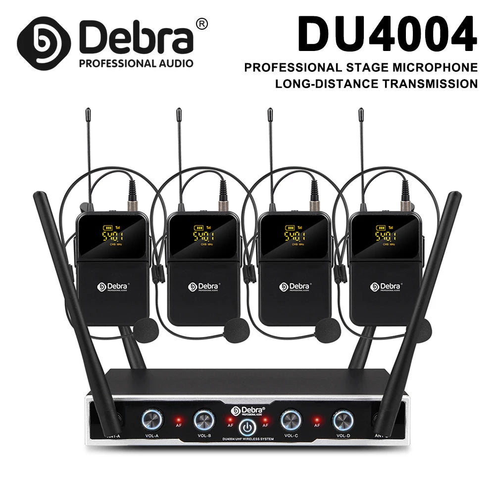 Debra DU4004 Wireless Conference Microphone System, UHF 4-channel, lavalier, headset, handheld microphone, for weddings, karaoke