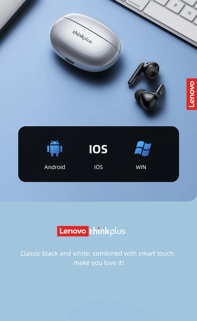 Lenovo GM2 PRO XT88 True Wireless Earbuds – Bluetooth 5.3 Dubbel Mikrofon Touch 4h Speltid Svettskyddad HiFi Bass CE/FCC Vit Svart