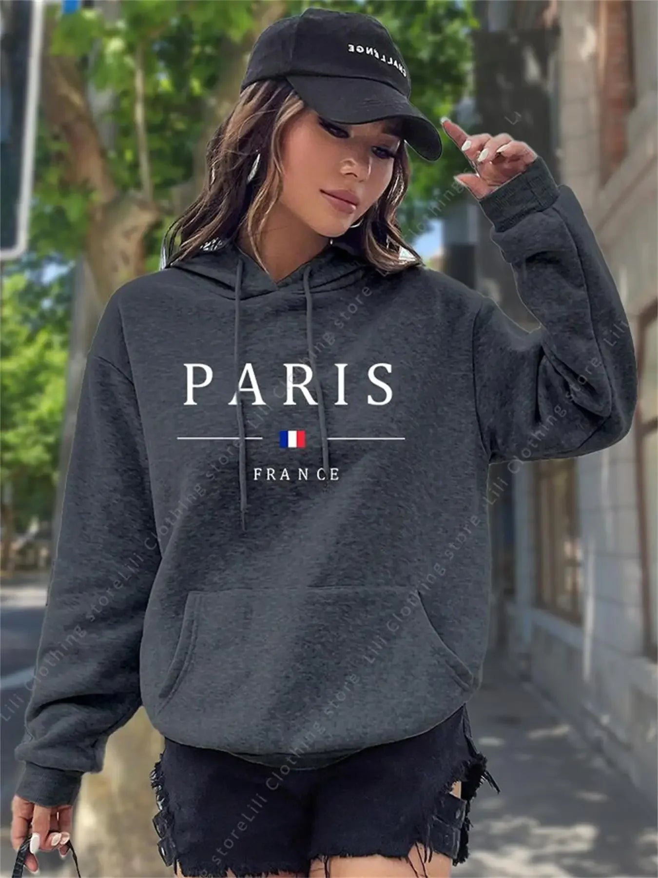 PARIS Graphic Letter Hoodies Women's Hooded Sweatshirt Pullover Top Aesthetic Y2K Street Sport Clothing Woman Hoodie PINK BLACK