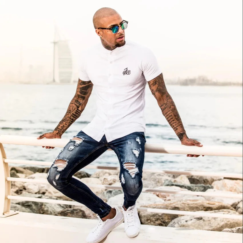 Denim Pant Men Jeans Vintage Pencil Pants High Waist Distressed Washed Hole Sheath Trousers Y2k Streetwear Casual 2026 Spring
