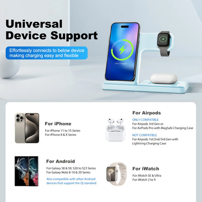 15W Magnetic Wireless Charger Stand Foldable 3 In 1 Fast Charging Sation for iPhone 17- 12 Pro Max Apple Watch 8 7 Airpods Pro