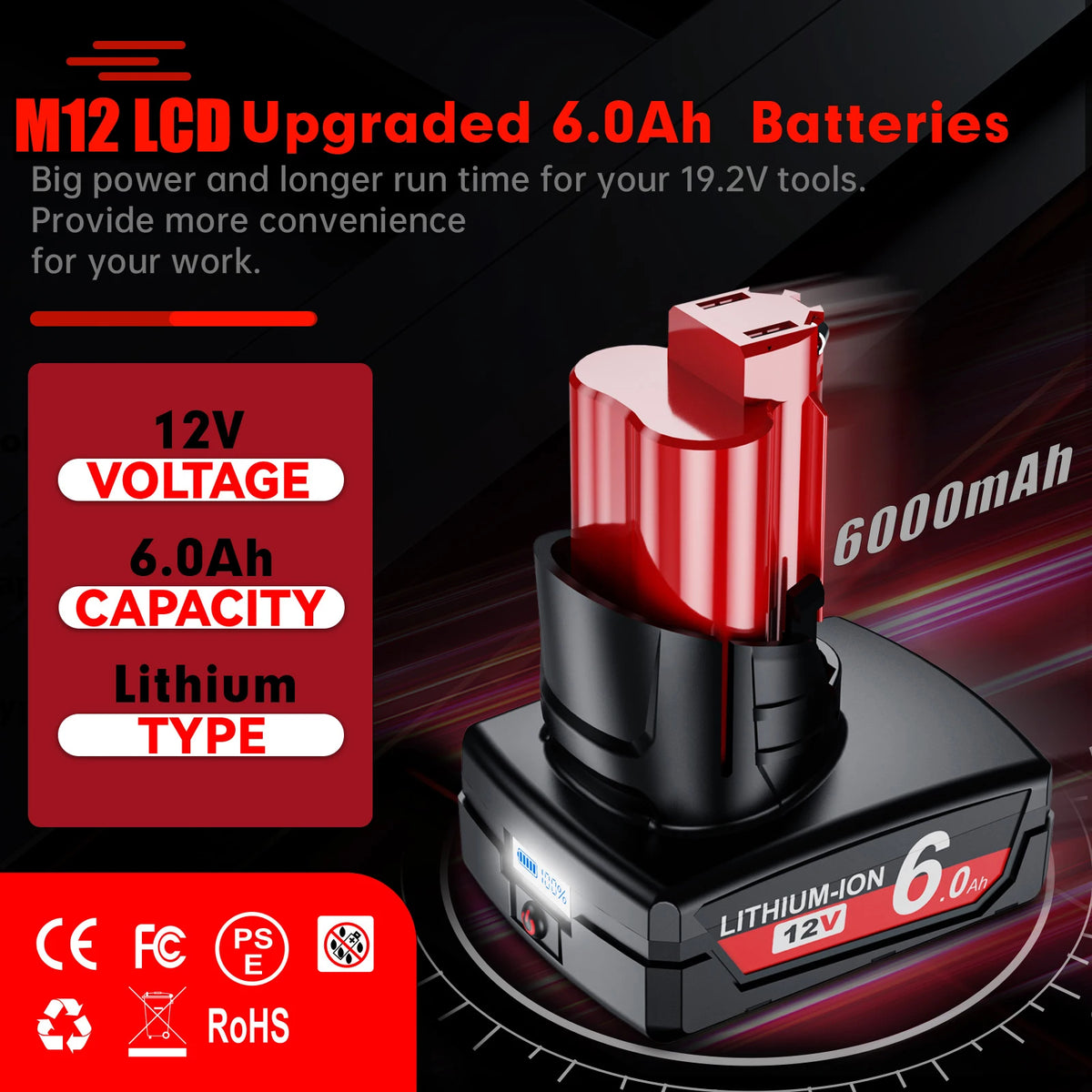 Milwaukee M12 Batteri 12V 6.0Ah Uppladdningsbart med LCD-skärm
