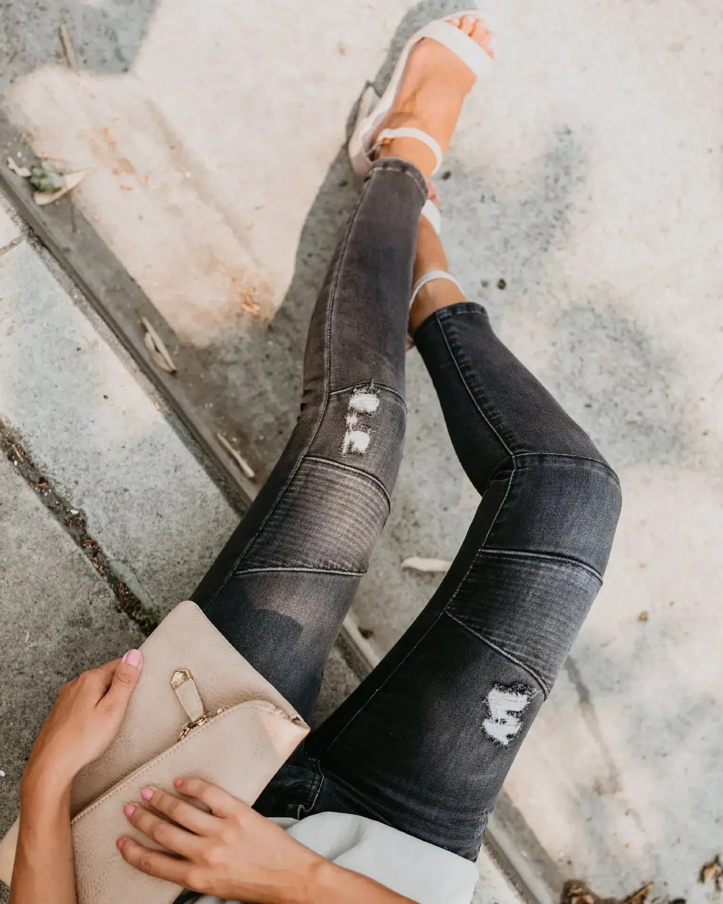 Women Jeans Denim Pencil Pants Pockets Streetwear Slim Mom Holes Punk Sexy Sheath High Waist Washing Distressed Ankle Length