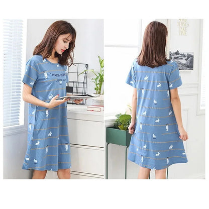 Dam Nattklänning Pyjamas – Söt Tecknad, Lös Kortarm Sommar, Plus Size, 4 Färger