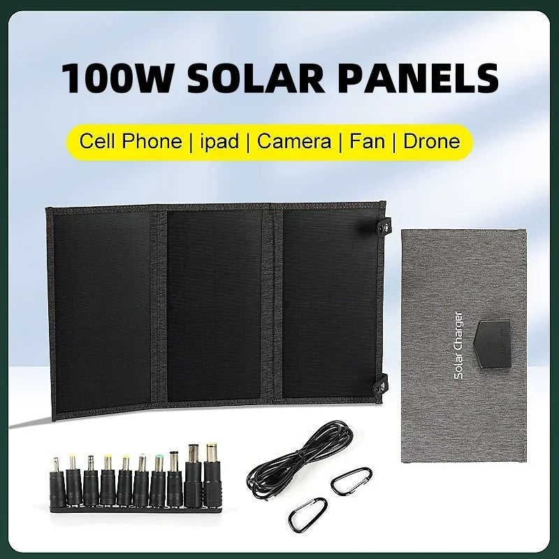 100W Folding Solar Panel 18V DC5521 Type-C USB Photovoltaic Charger Outdoor Mobile Phone Tablet Fast Charging Mobile Power Bank