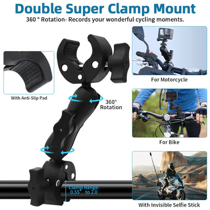 Motorcycle Mount kit for Insta360 X5 X4 X3 X2 RS DJI GoPro Double Clamp Handlebar Selfie Stick for Insta 360 Mount Accessories