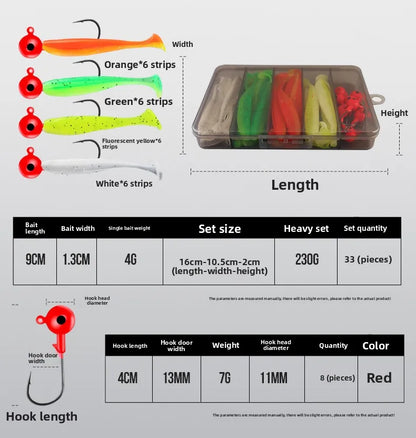 Soft Tail Bait Set Fake Bait 5.5/7/9/12cm Two-color Fishing Lure with Lead Head Hook for Angling