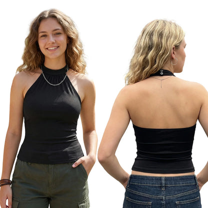 Dam Halterneck Linne 2026 – Slim Fit Ryggöppen Ärmlös Sexig Sommar, Svart & Vit S–L