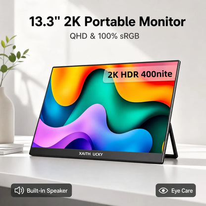 13.3 Inch 2K QHD Portable Monitor, 400 Nits, 100% SRGB, 16:10 Aspect Ratio, Built-in Speakers, VESA Mountable, Integrated Hidden