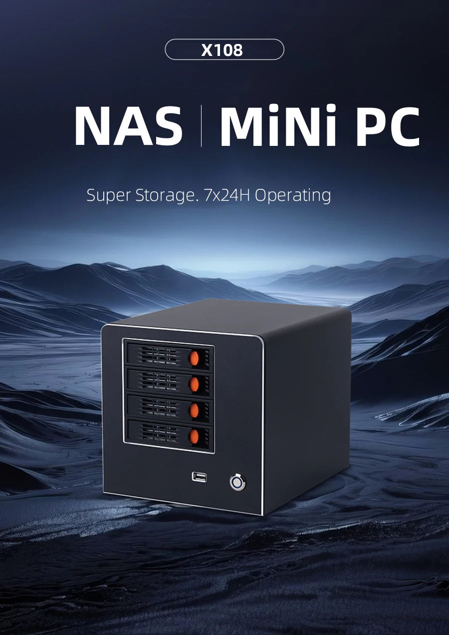 XCY X108 NAS Mini PC 4-fack 2,5"/3,5" SATA – Intel N150 / Celeron N2940, Windows 10/11 Linux NAS, DDR5/DDR3L