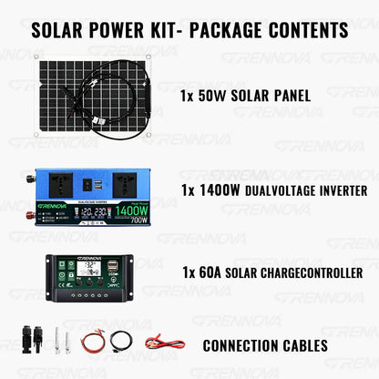Off-Grid Solar Kit 50W Panel 60A  Controller Dual Voltage Inverter (Peak 1400W Rated 700W) 12/24V To 110V 220V Small Appliances