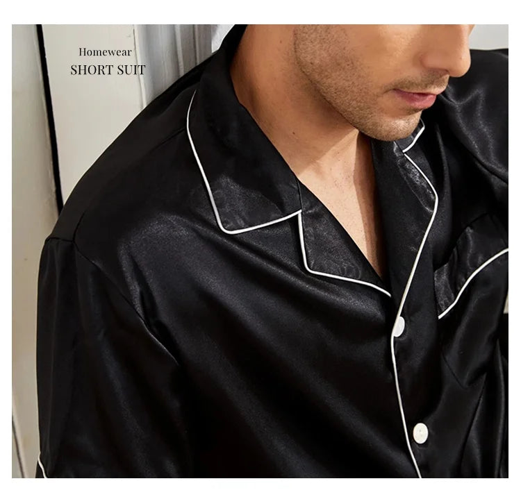 Pyjamasset herr med satinkänsla – kortärmad skjorta och shorts, S–XL