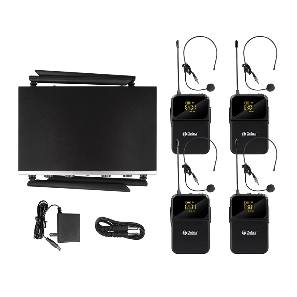 Debra DU4004 Wireless Conference Microphone System, UHF 4-channel, lavalier, headset, handheld microphone, for weddings, karaoke