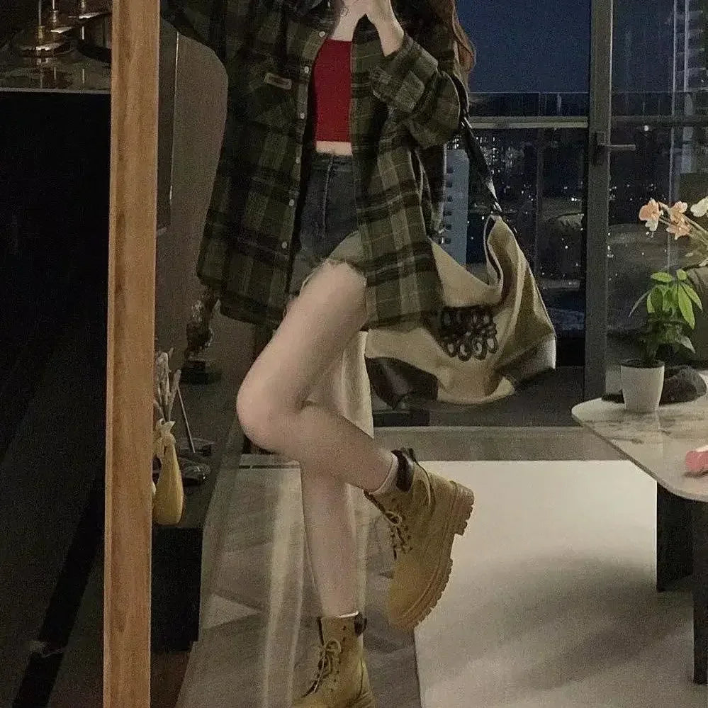 Vintage Dark Green Plaid Shirt Women Long Sleeve Oversized American Casual Fall Layering Top Blouse Coat Jacket