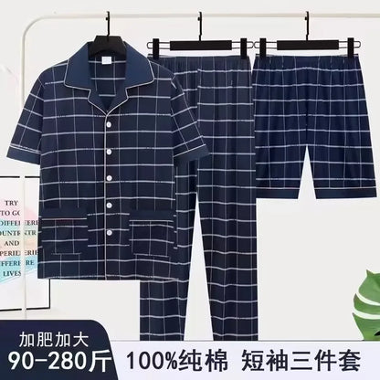 3/pce Set Men Fashion Casual Spring Autumn Loungewear Male Short Sleeves Pants Shorts Pajama Set Man Loose Collared Plaid Pajama