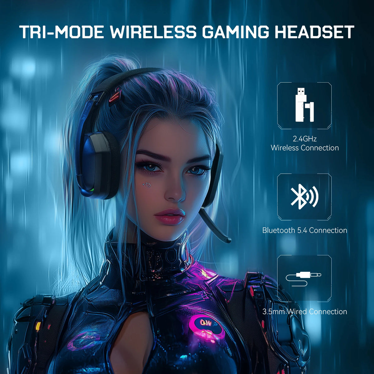 EKSA G19BT 2.4GHz Wireless Gaming Headphones Bluetooth 5.4 3.5mm Headset 30ms Low Latency 40mm RGB Hidden Mic 35H Foldable PC