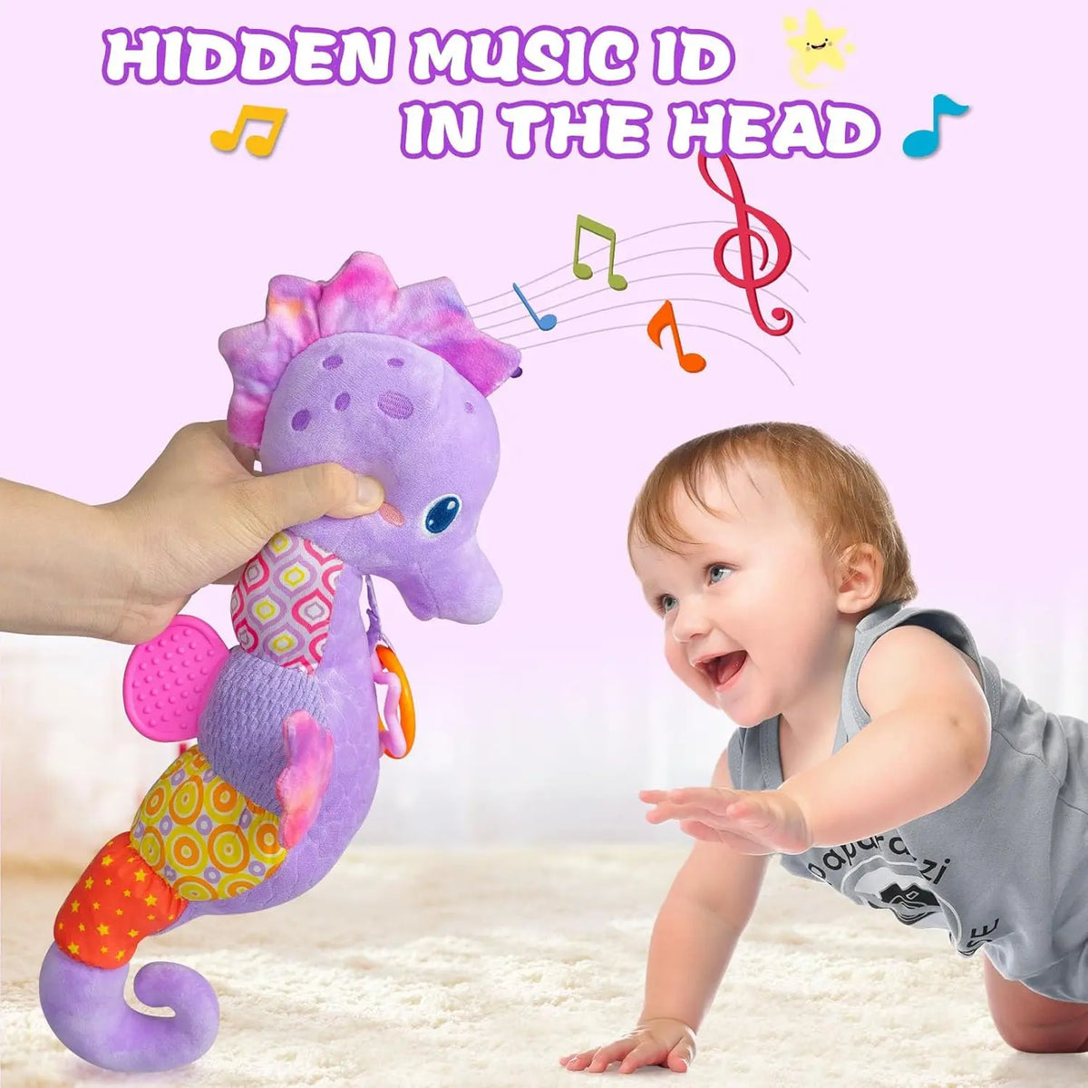 Sensorisk babyleksak sjöhäst – mjuk musikleksak med prasselljud