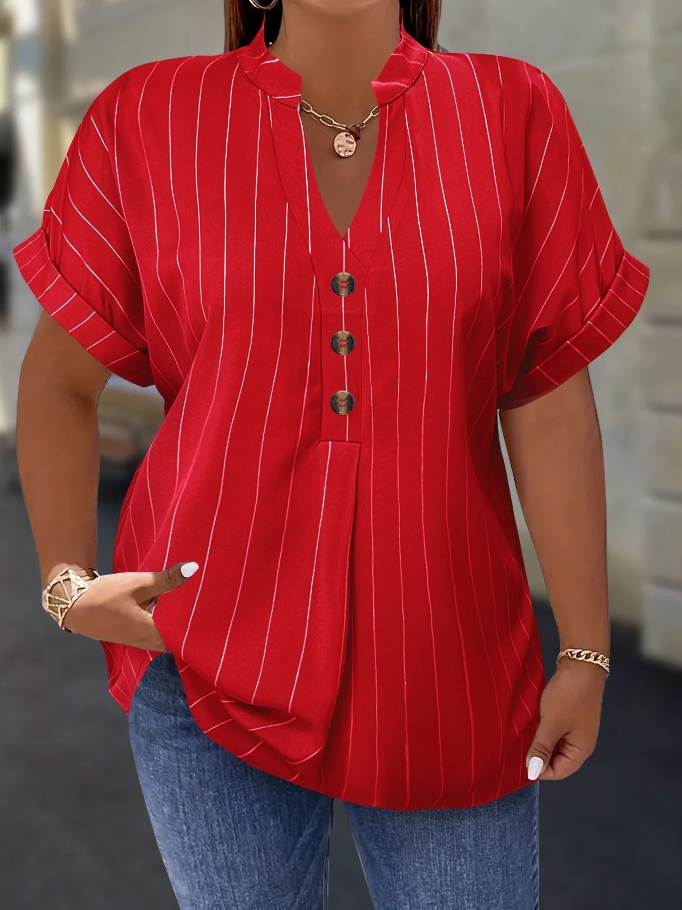 Gadinus White Plus Size Striped Blouse Women V Neck Button Front Short Sleeve Loose Fit Casual Shirt Tunic Top