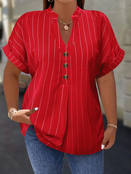 Gadinus White Plus Size Striped Blouse Women V Neck Button Front Short Sleeve Loose Fit Casual Shirt Tunic Top