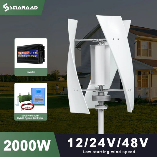 Vertikal Vindturbin 2kW 12V/24V/48V CE-certifierad – Kärnlös Generator 3 Blad Off-Grid Hybrid 220V Hushåll, EU-lager Polen