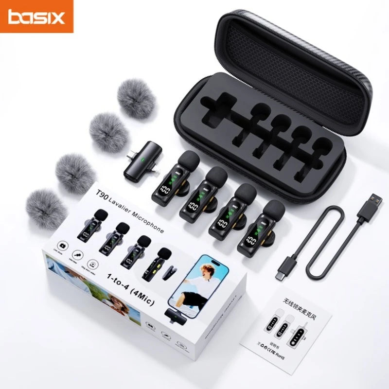 Wireless Lavalier Microphone Mini Mic For iPhone Android Portable Audio Video Recording Live Broadcast Gaming With 4 Receive Mic