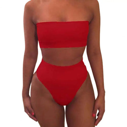 2025 Two-piece 	High Waist Bikini Set Solid Color Elastic Wireless Strapless Summer Lady Swimsuit Swimming Bathing Suit