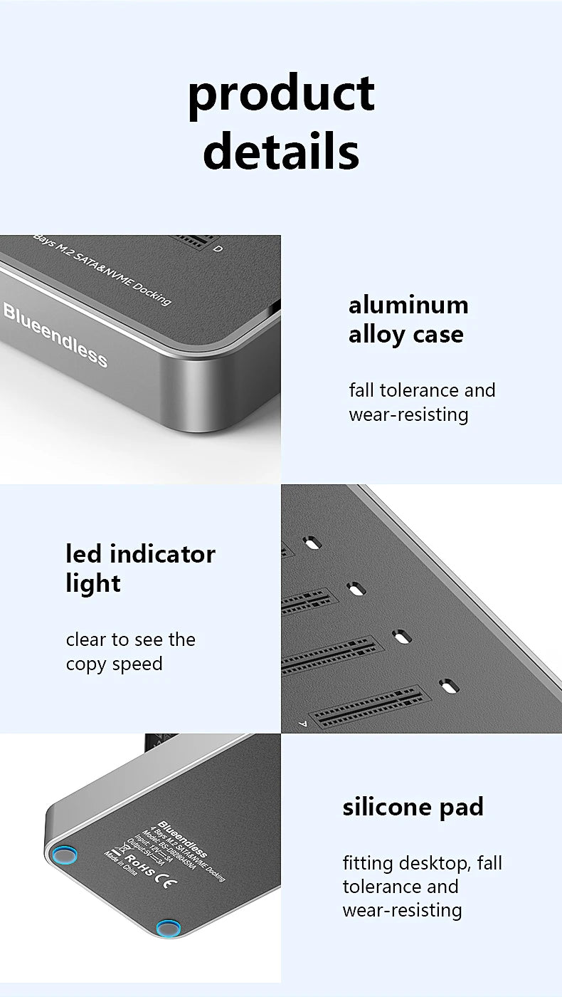 Blueendless 4 Bay M.2 NVMe/SATA SSD Docking Station Type C USB3.1 10Gbps M2 NVMe PCIe SATA NGFF Dual Protocol Aluminum SSD Case