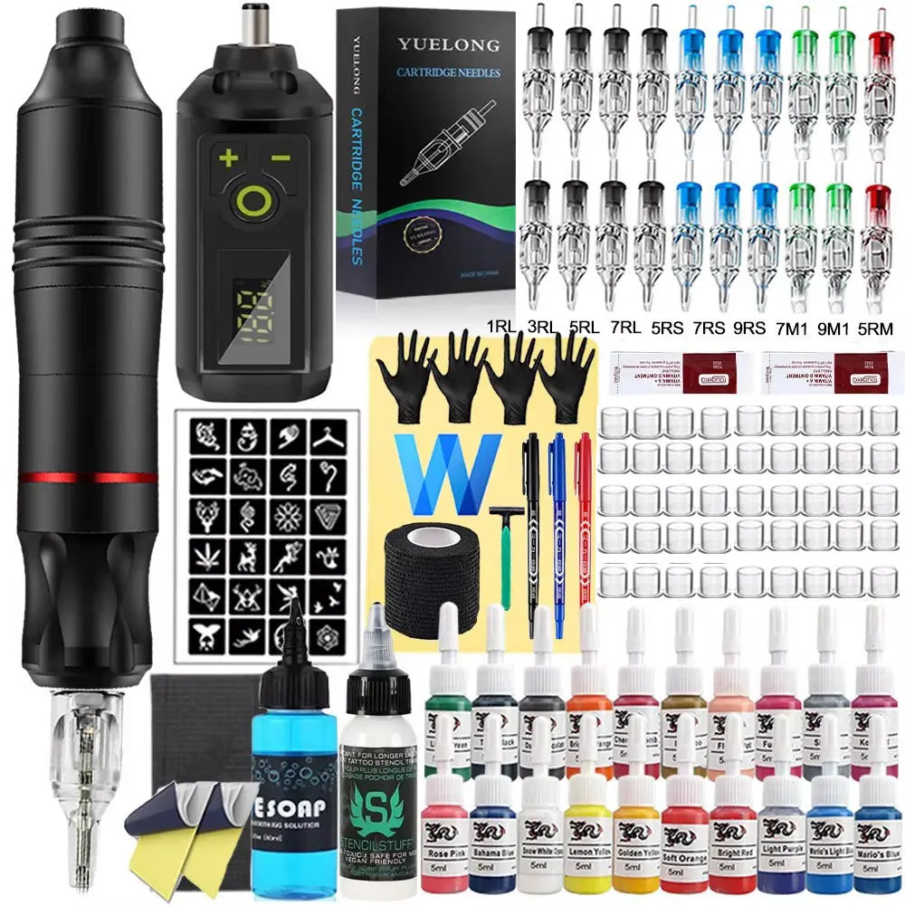 Wireless Tattoo Kit Rotary Tattoo Pen Machine 1200mAh Mini Battery Cartridge Needles Ink Set Permanent Makeup Tattoo Kits